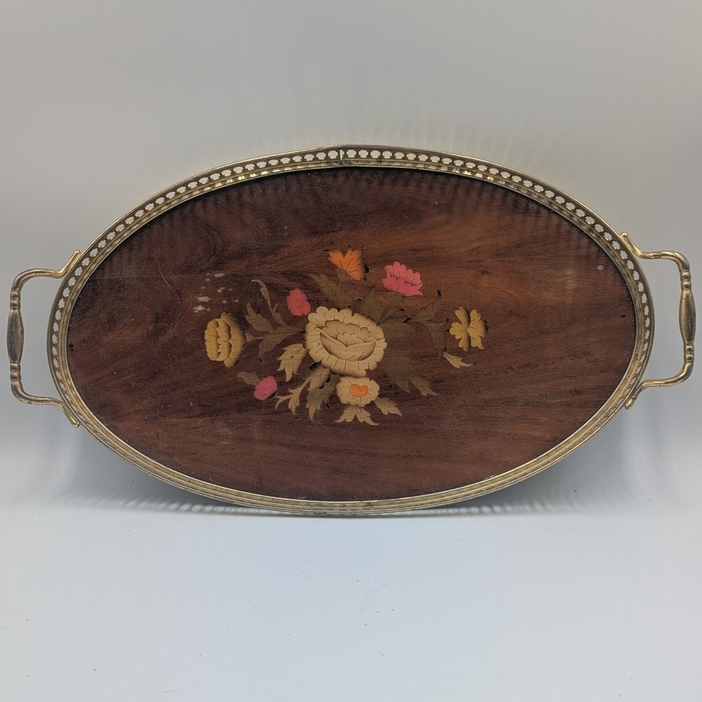 Sorrento Serving Tray Wood Inlay Floral Brass Gallery Oval 16"